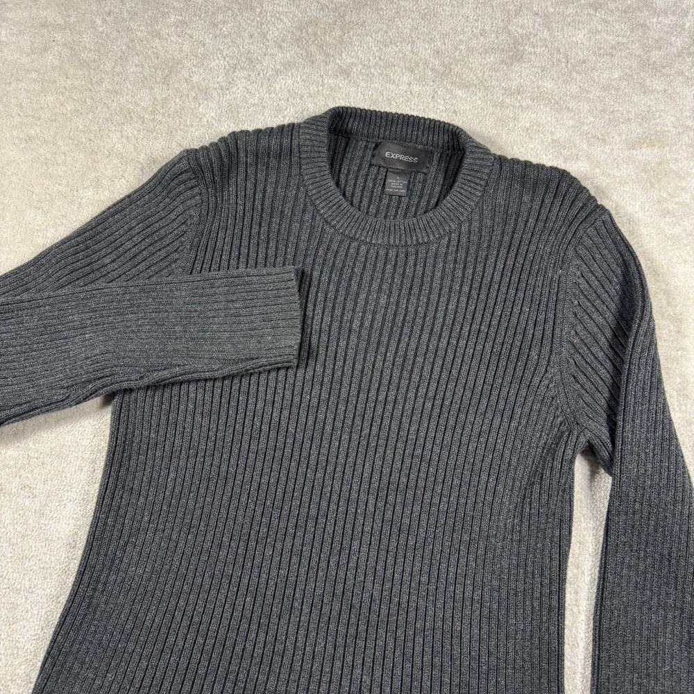 Express Sweater Mens S Gray Ribbed Crew Neck 100% Cotton Long Sleeve Slim Fit
